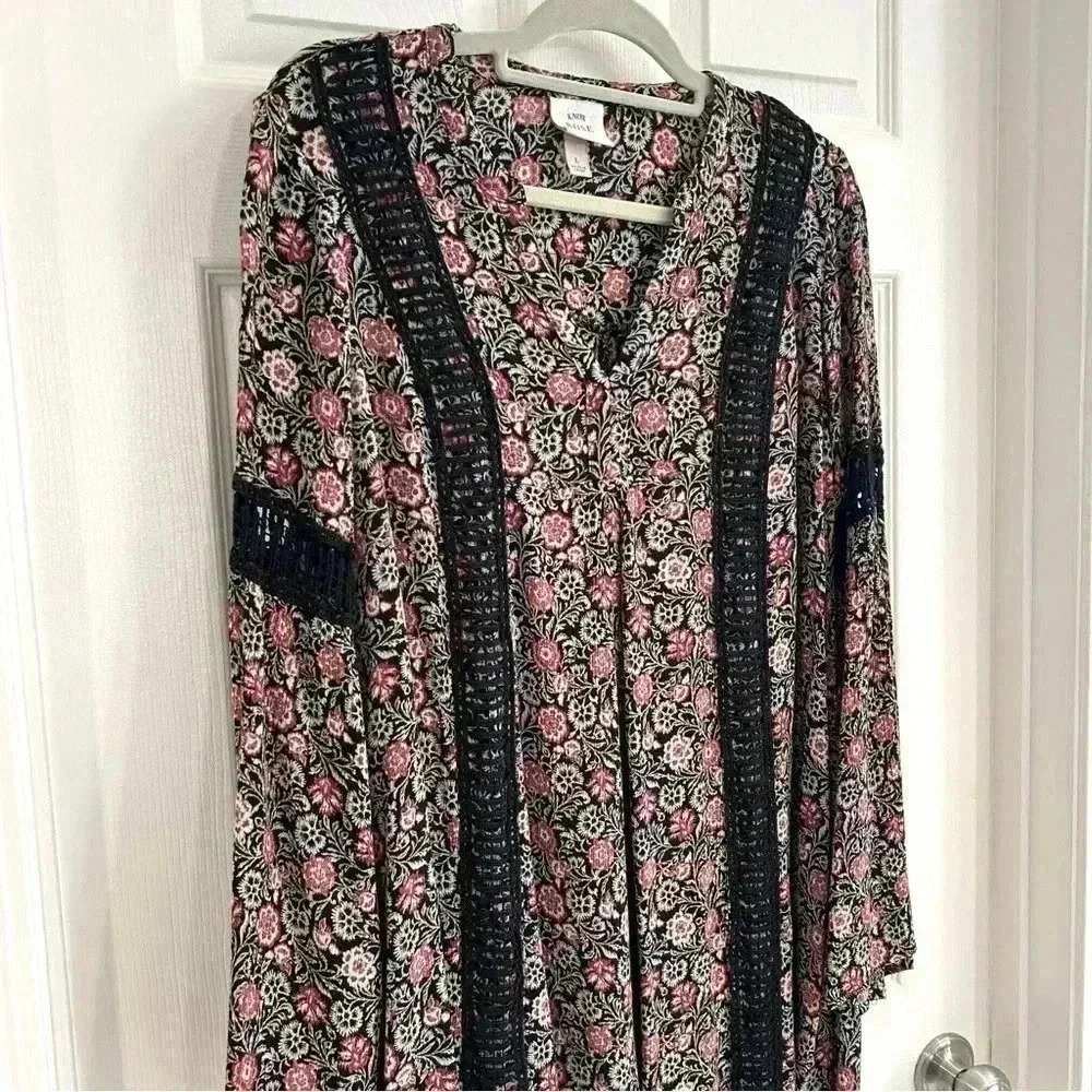 Knox Rose Floral Bell Long Sleeve Mini Dress Tunic Women L Dark Romance Crochet - Picture 4 of 13